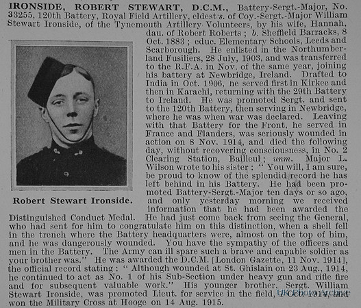 Ironside R S Battery Sergt Major 33255 DCM Royal Field Artillery Obit