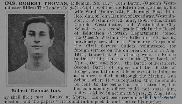 Ims R T Rfn 1577 16th London Regiment Obit