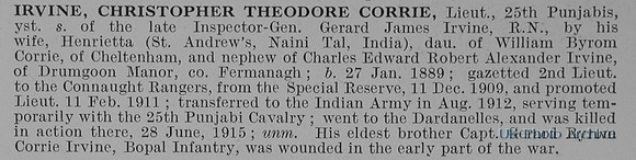 Irvine C T C Lt Indian Army Obit