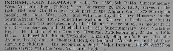 Ingham J T Pte 1559 5th West Yorkshire Regiment Obit