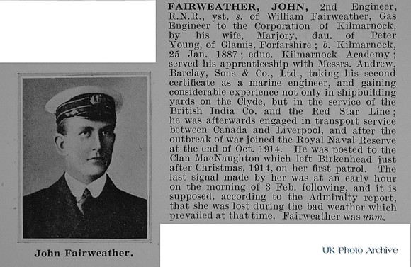 Fairweather J 2nd Engineer HMS Clan MacNaughton Royal Naval Reserve Obit