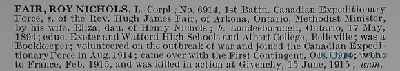 Fair R N L/Cpl 6914 1st Canadian Expeditionary Force Obit