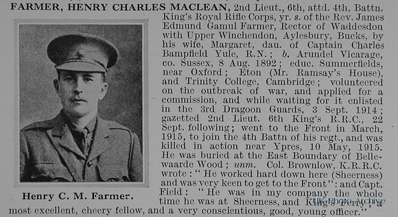 Farmer H C M 2nd Lt 4th Kings Royal Rifle Corps Obit