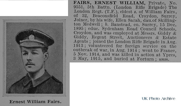 Fairs E  Pte 9551 5th London Regiment (London Rifle Brigade) Obit