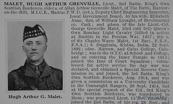 Malet H A G Lt 2nd Kings Own Scottish Borderers Obituary Part 1 De Ruvignys Roll Of Honour Vol 1