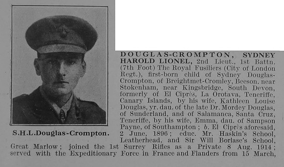 Douglas-Crompton S H L 2nd Lt 1st Royal Fusiliers Obit Part 1 De Ruvignys Roll Of Honour Vol 3