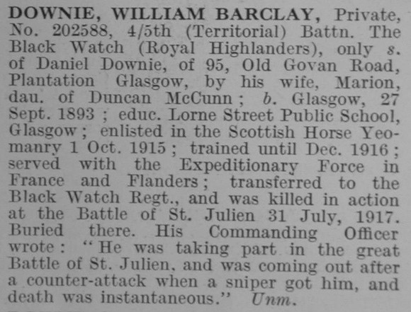 Downie W B Pte 5th Black Watch Obit De Ruvingys Roll Of Honour Vol 3