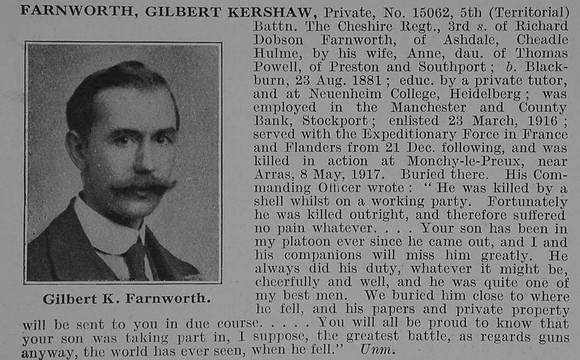 Farnworth G K Pte 5th Cheshire Regiment Obit De Ruvignys Roll Of Honour Vol 3