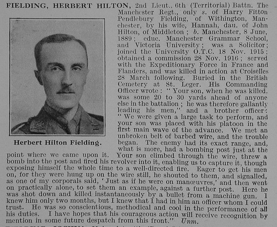 Fielding H H 2nd Lt 6th Manchester Regiment Obit De Ruvignys Roll Of Honour Vol 3