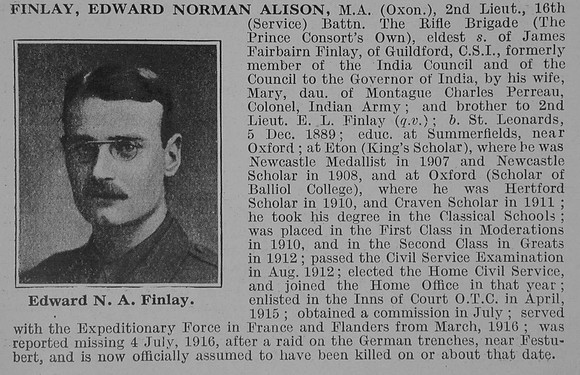 Finlay E N A 2nd Lt 16th Rifle Brigade Obit De Ruvignys Roll Of Honour Vol 3