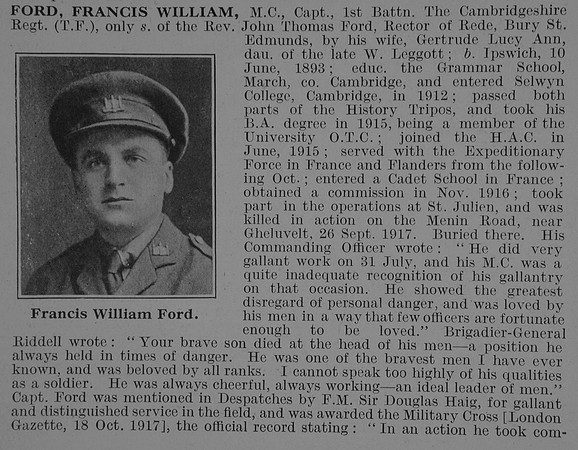 Ford F W Captain MC 1st Cambridgeshire Regiment Obit Part 1 De Ruvignys Roll Of Honour Vol 3