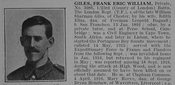 Giles F E W Pte 23rd London Regiment Obit De Ruvignys Roll Of Honour Vol 3