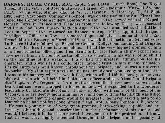 Barnes H C Captain MC 2nd Royal Sussex Regiment Obit Part 1