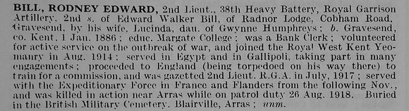 Bill R E 2nd Lt Royal Garrison Artillery