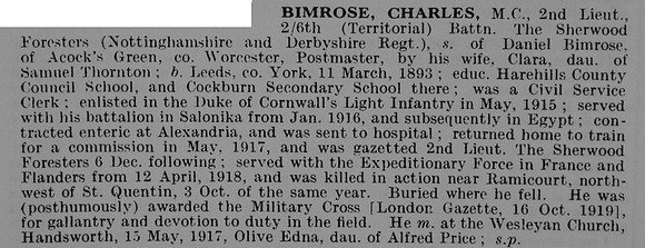 Bimrose C 2nd Lt MC 6th Notts And Derby Regiment