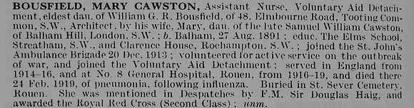 Bousfield M C Assistant Nurse Voluntary Aid Detachment