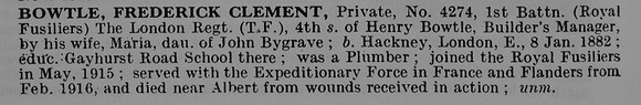Bowtle F C Pte 4274 1st London Regiment