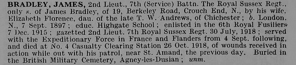 Bradley J 2nd Lt 7th Royal Sussex Regiment