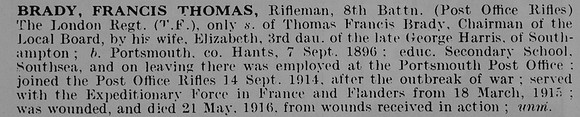Brady F T Rfn 8th London Regiment