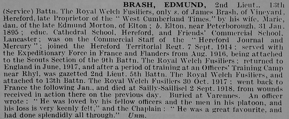 Brash E 2nd Lt 13th Royal Welsh Fusiliers