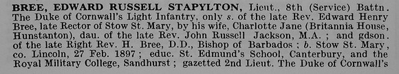 Bree E R S Lt 8th Duke Of Cornwall's Light Infantry Obit Part 1