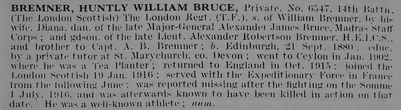 Bremner H W B Pte 6547 14th London Regiment