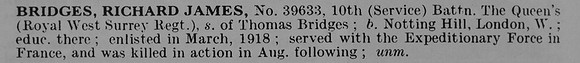 Bridges R J Pte 39633 10th Queen Royal West Surrey Regiment