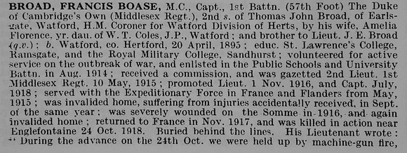 Broad F B Captain MC 1st Middlesex Regiment Obit Part 1