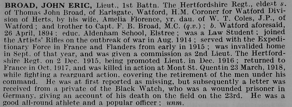 Broad J E Lt 1st Hertfordshire Regiment