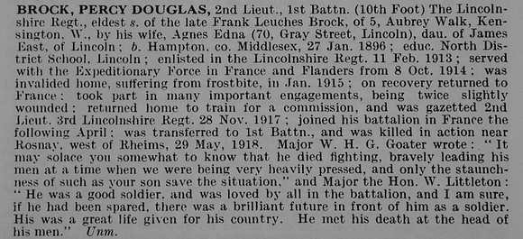 Brock P D 2nd Lt 1st Lincolnshire Regiment