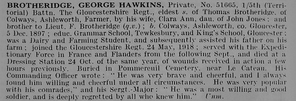 Brotheridge G H Pte 51665 5th Gloucestershire Regiment
