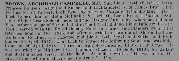 Brown A C 2nd Lt MC 14th Argyll And Sutherland Highlanders