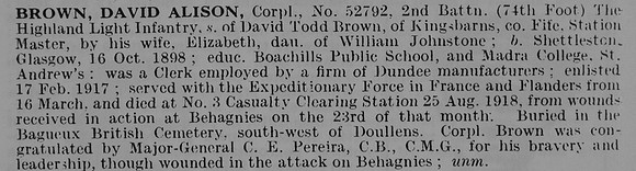 Brown D A Cpl 52792 2nd Highland Light Infantry