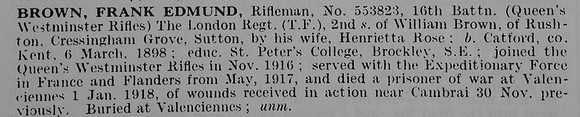Brown F E Rfn 553823 16th London Regiment