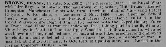 Brown F Pte 20612 15th Royal Warwickshire Regiment