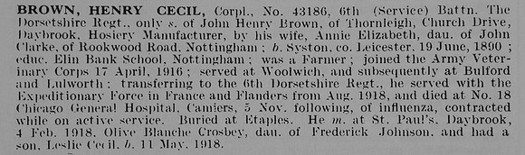 Brown H C Cpl 43186 6th Dorset Regiment
