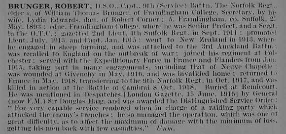 Brunger R Captain DSO 9th Norfolk Regiment