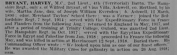 Bryant H 2nd Lt MC 4th Hampshire Regiment
