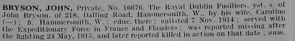 Bryson J Pte 16676 Royal Dublin Fusiliers