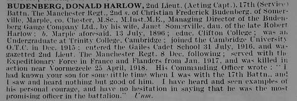 Budenberg D H 2nd Lt 17th Manchester Regiment