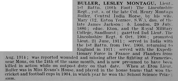Buller L M Lt 1st Lincolnshire Regiment
