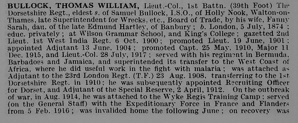 Bullock T W Lt Col 1st Dorset Regiment Obit Part 1