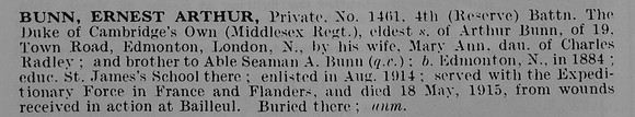 Bunn E A Pte 1461 4th Middlesex Regiment