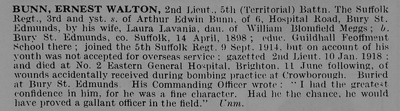 Bunn E W 2nd Lt 5th Suffolk Regiment