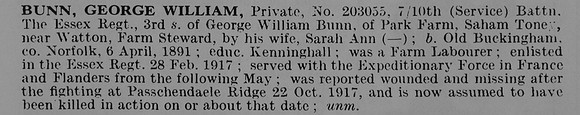 Bunn G W Pte 203055 10th Essex Regiment