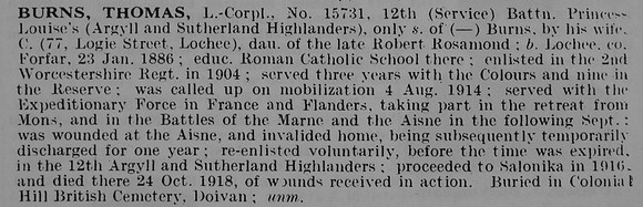 Burns T L/Cpl 15731 12th Argyll And Sutherland Highlanders