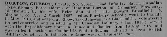 Burton G Pte 256411 52nd Canadian Expeditionary Force