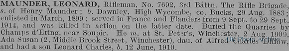 Maunder L Rfn 7692 3rd Rifle Brigade Obit