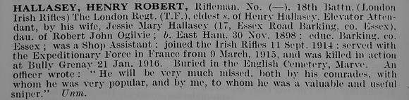 Hallasey H R Rfn 18th London Regiment (London Irish Rifles)
