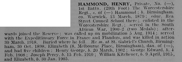 Hammond H Pte 1st Worcestershire Regiment